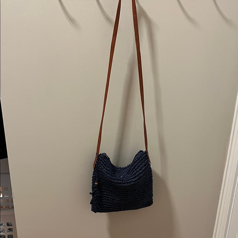 Cappelli Straworld Dark Blue Crossbody Bag with Tan Strap
